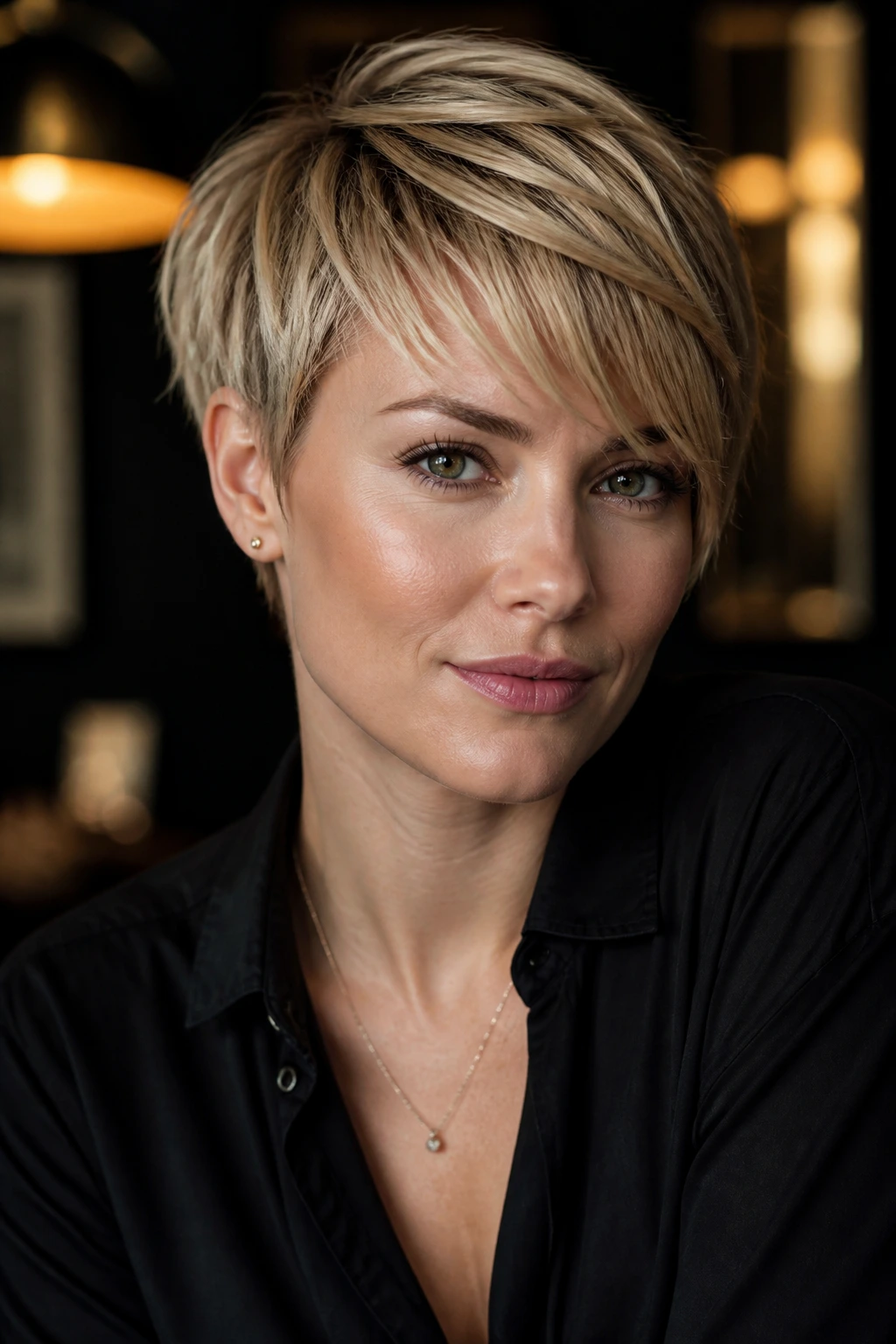 Portrait of a woman wearing pixie cut with side-swept bangs