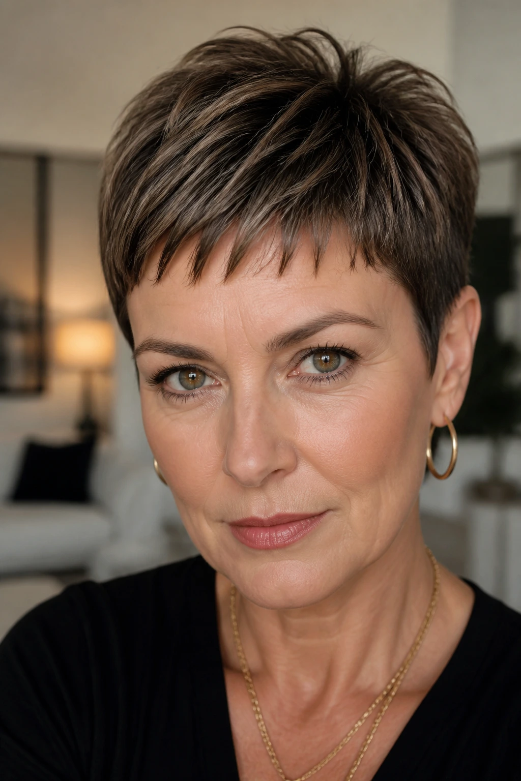 Close-up portrait of a real woman with pixie bangs and crown lift