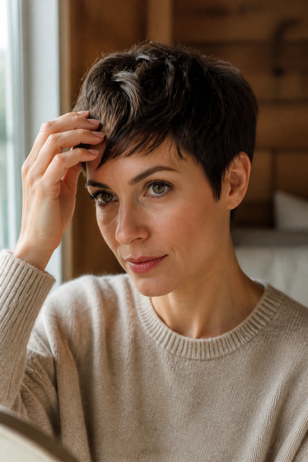 Portrait of woman adjusting pixie bangs at home by window light