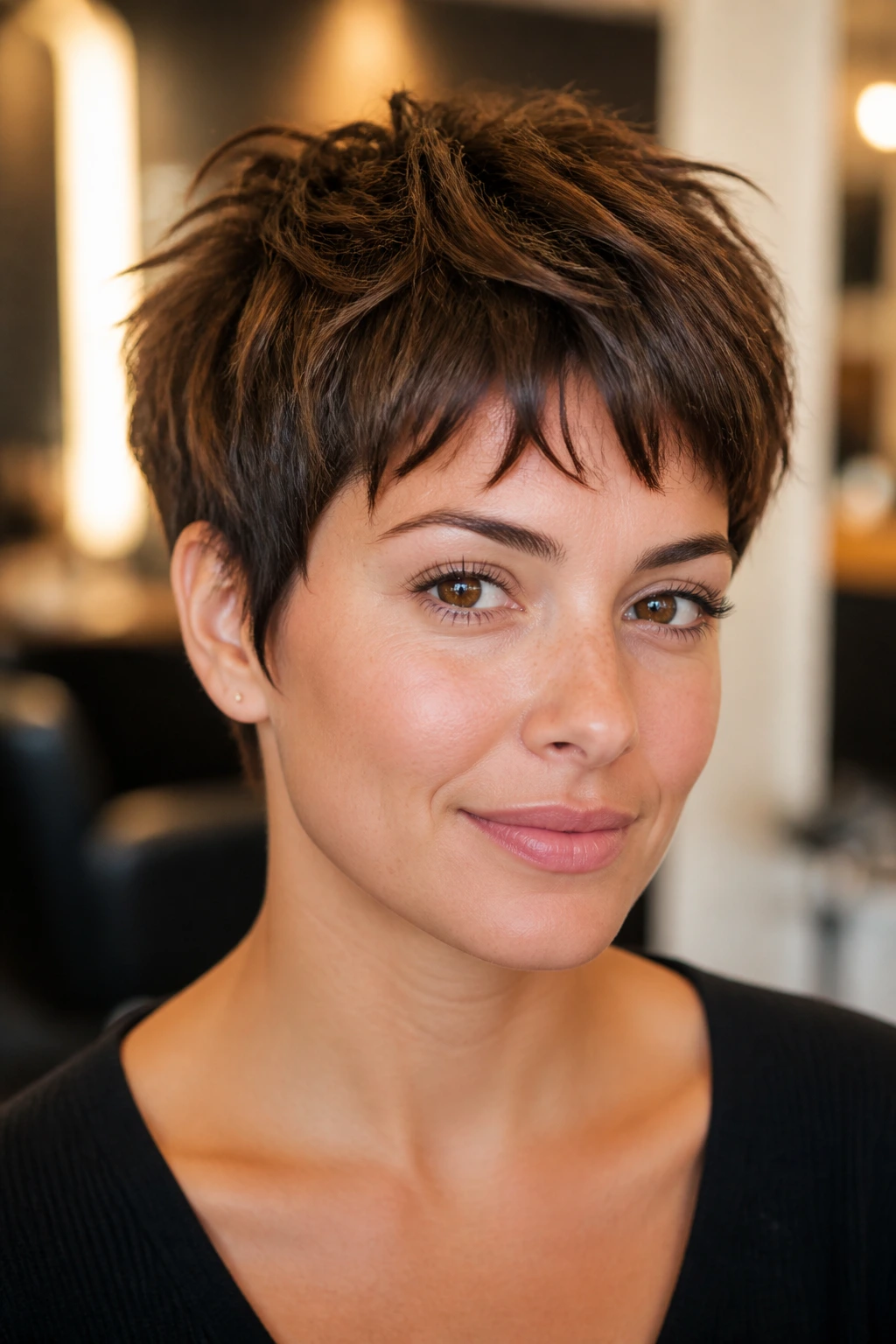 Close-up portrait of pixie bangs with textured fringe in a warm salon setting