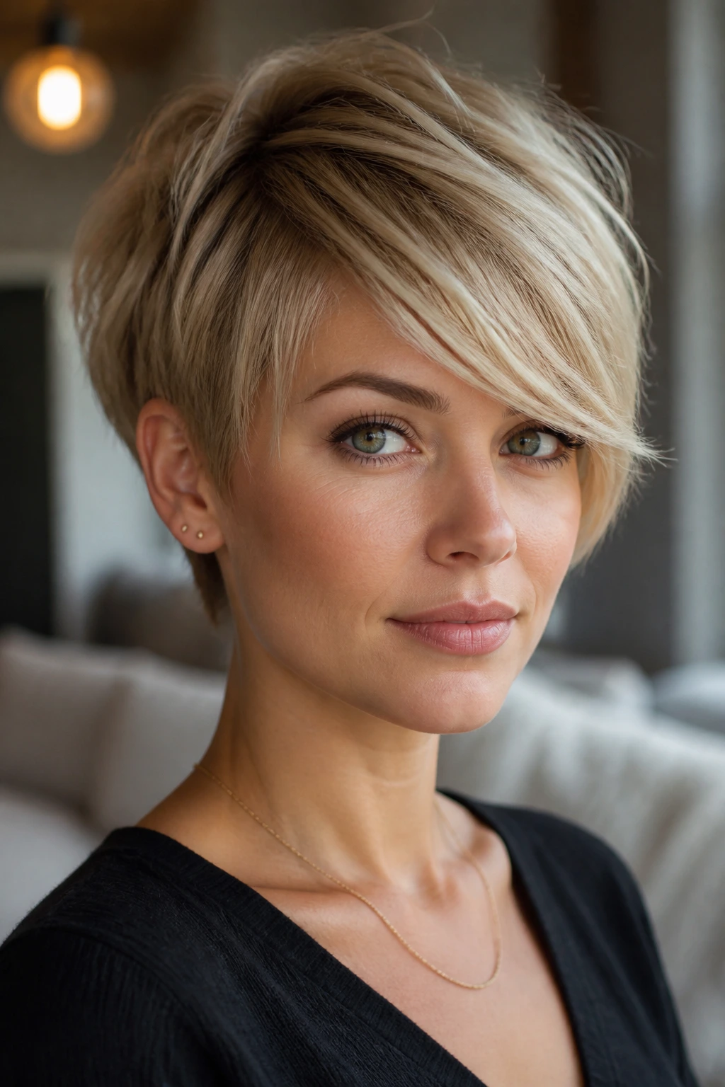 Close-up of a real person with pixie-bixie cut and side bangs
