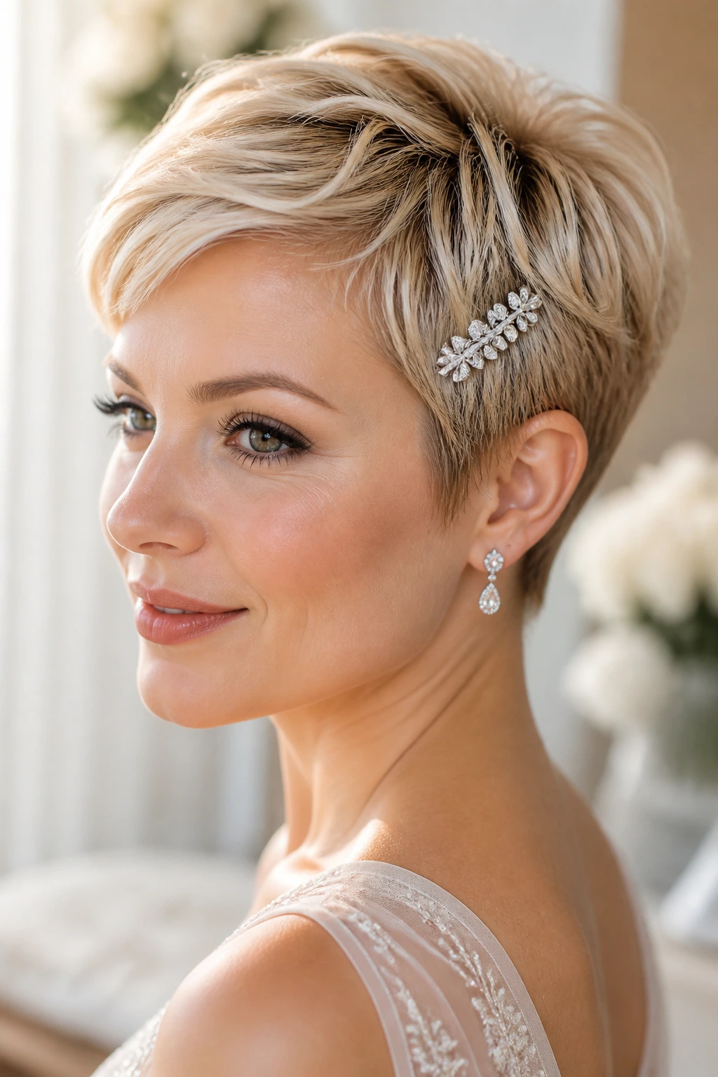 Close-up of a pixie cut with a jeweled clip