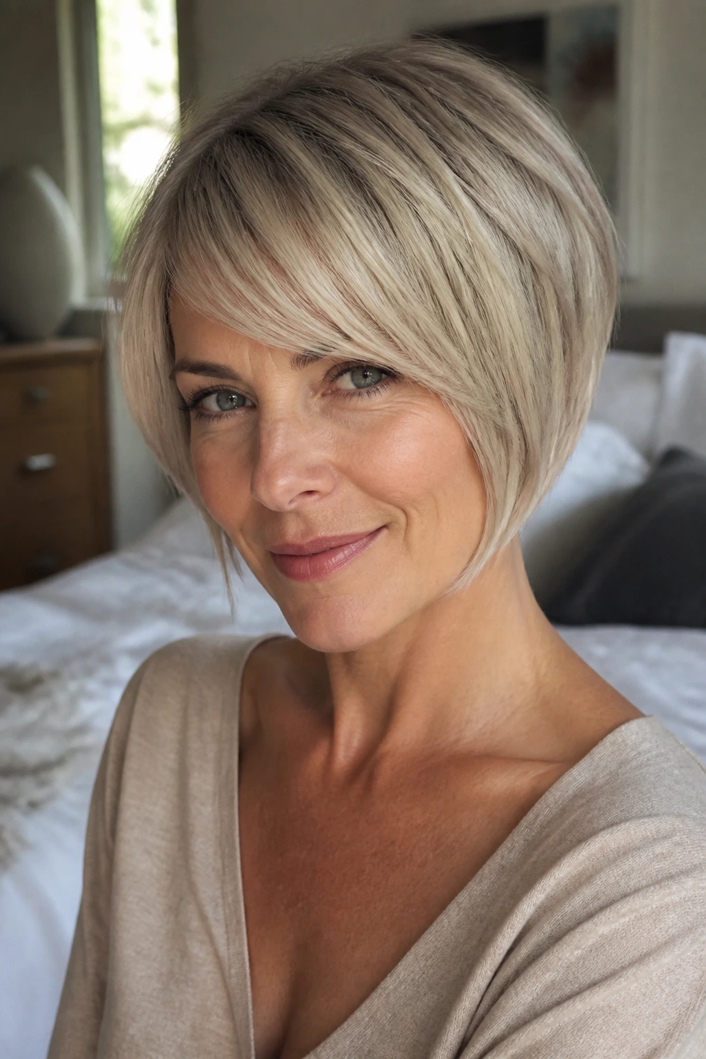 Close-up portrait of real woman with soft A-line pixie bob