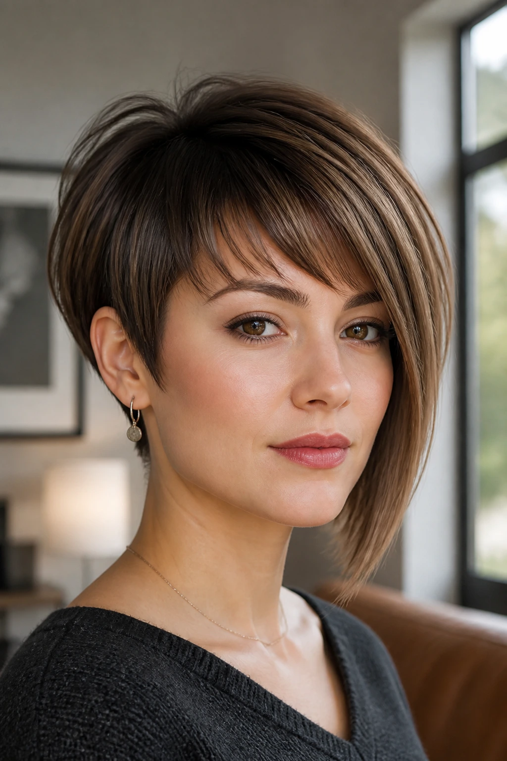 Close-up portrait of a real person with sculpted pixie-bob and arched bangs