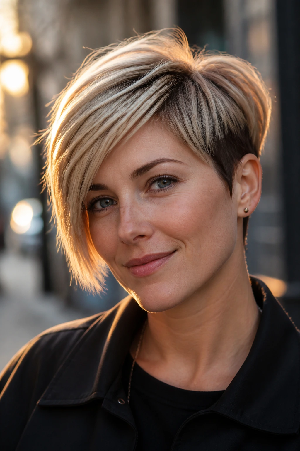 Close-up portrait of a real woman wearing an asymmetrical pixie bob on urban street