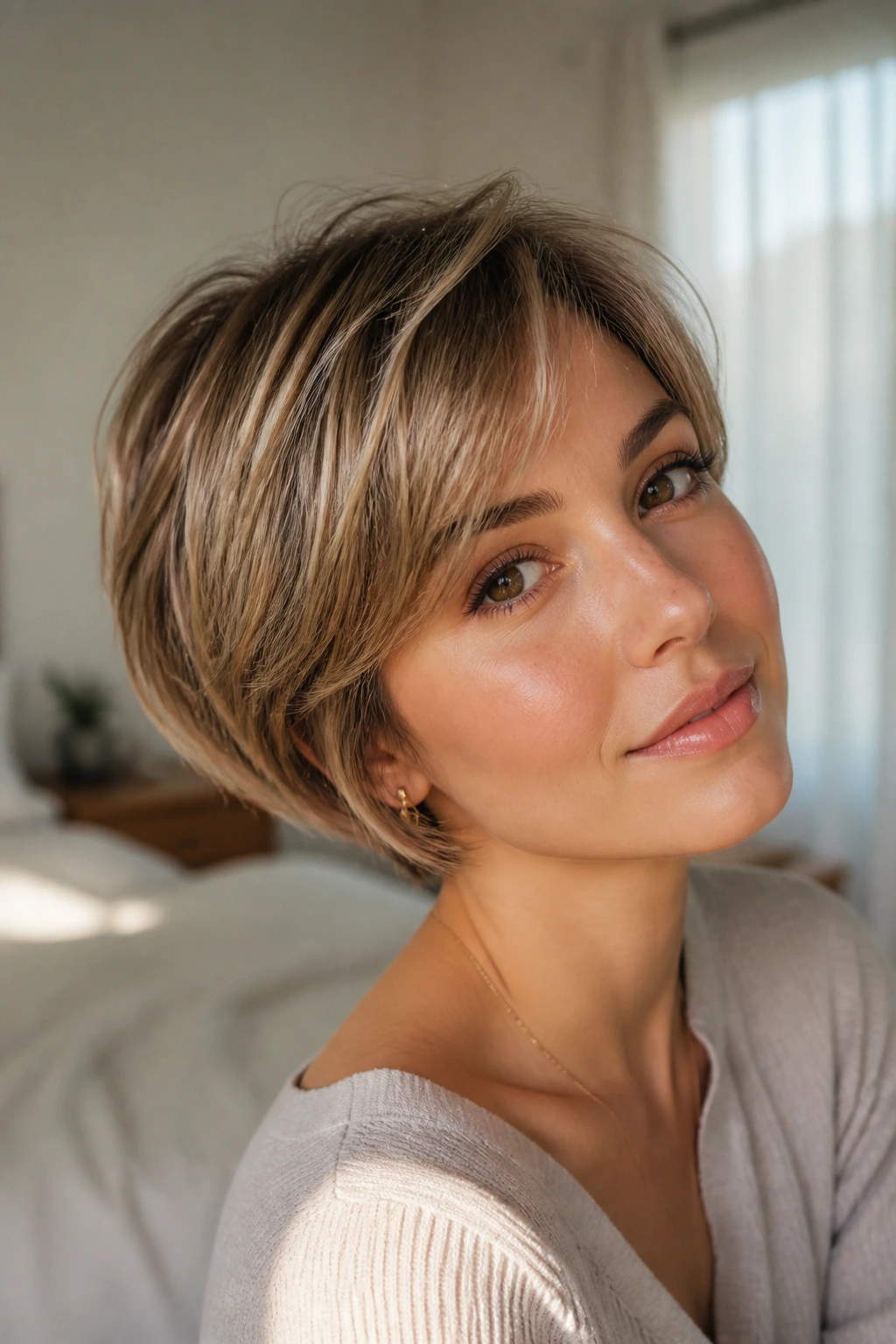 Close-up of a real woman with a baby-layered pixie bob and soft crown layers.