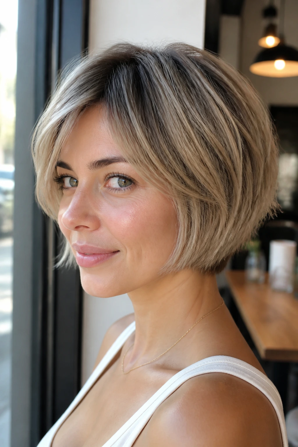 Close-up portrait of a real woman with an airy blunt-end pixie bob in sunlit cafe