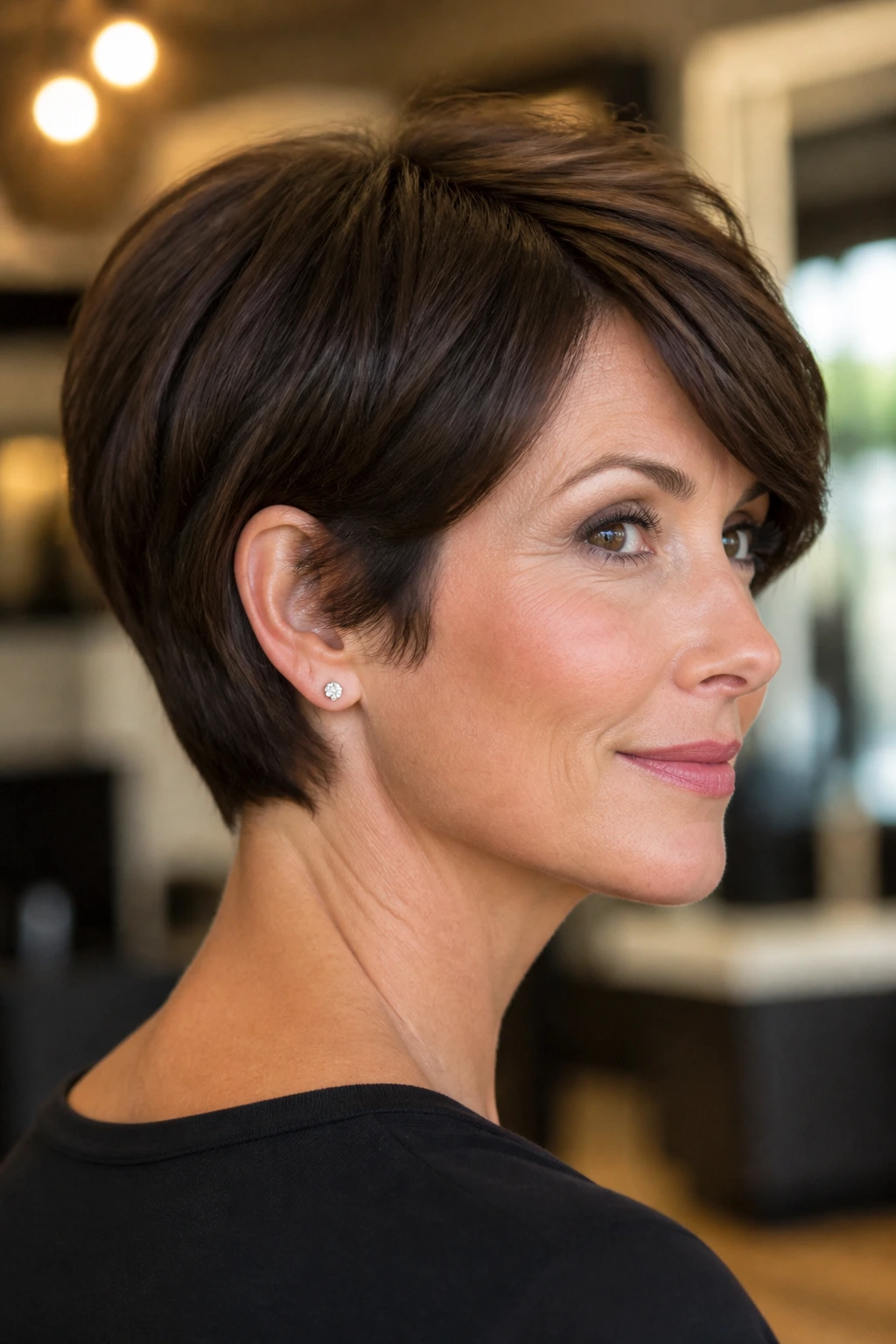 Real woman with tapered brunette pixie bob and side sweep.