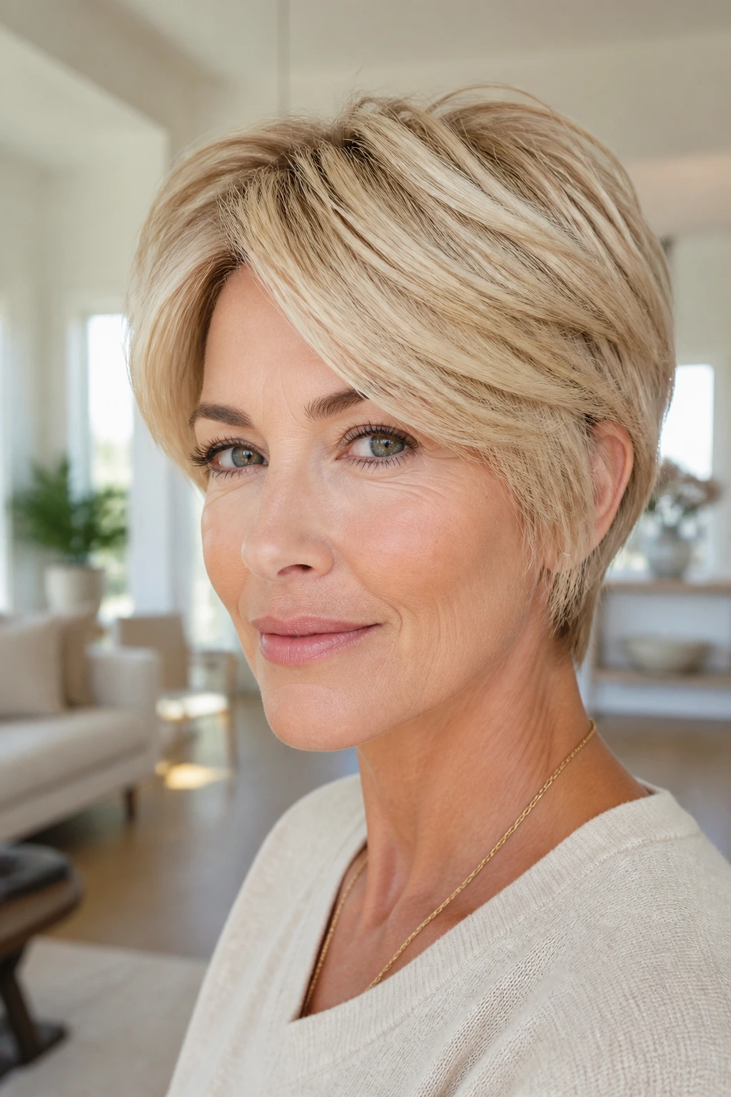 Close-up of a real woman with a pixie bob and butter blonde color