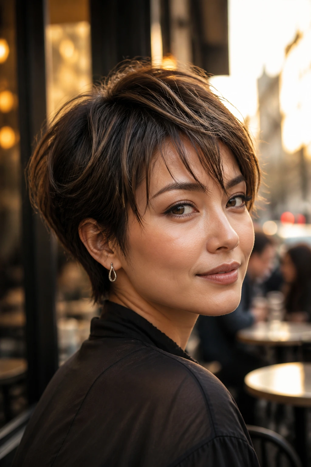 Close-up portrait of a real woman with a textured pixie-bob butterfly and piecey fringe