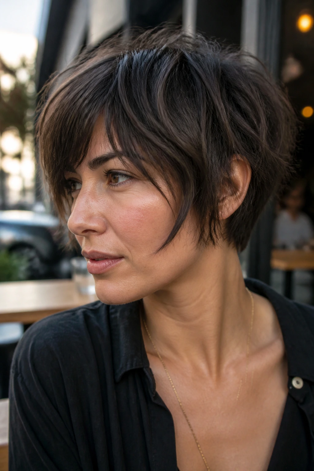 Real woman with choppy textured pixie bob.