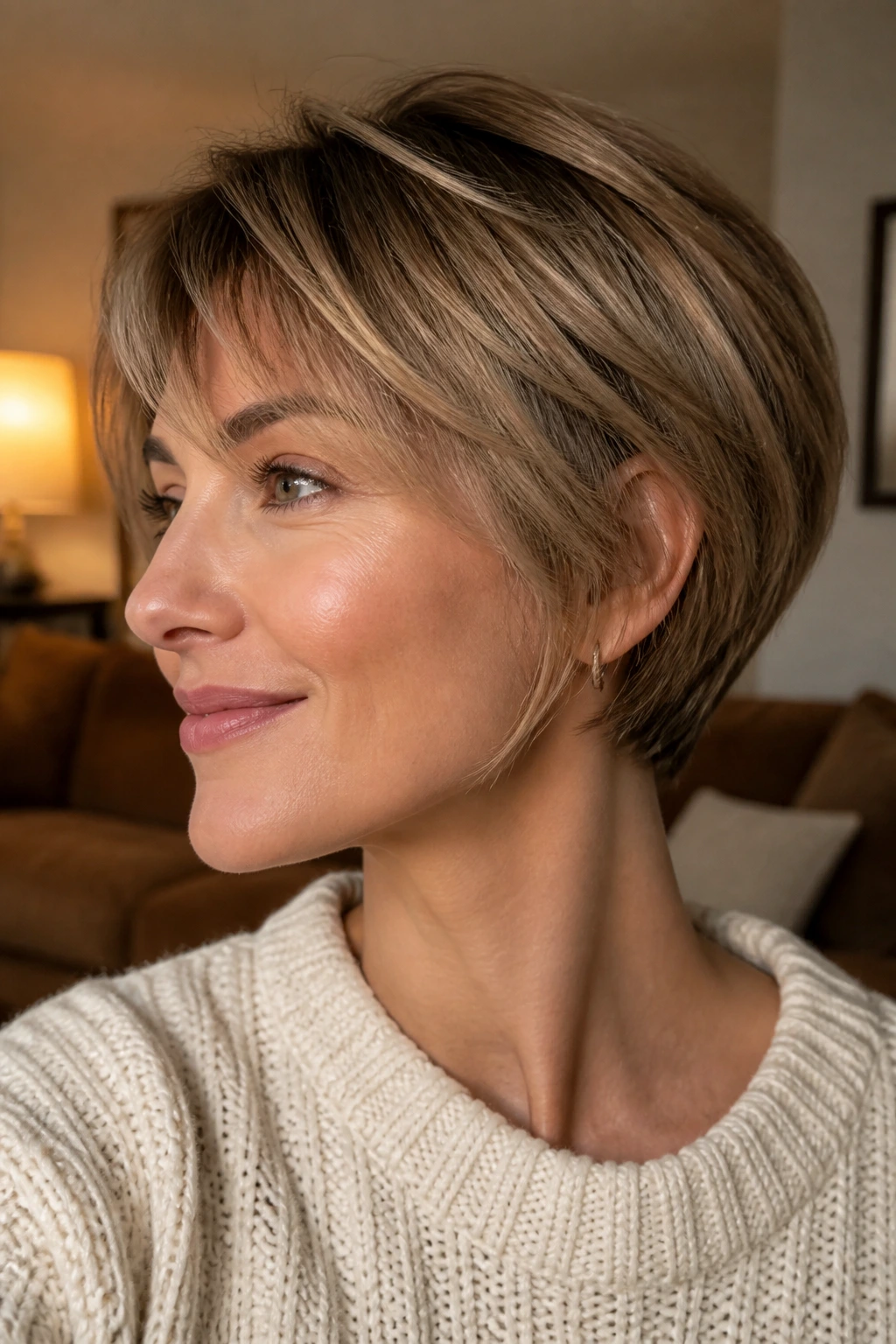 Portrait of a woman with cropped pixie bob highlighting versatile shape