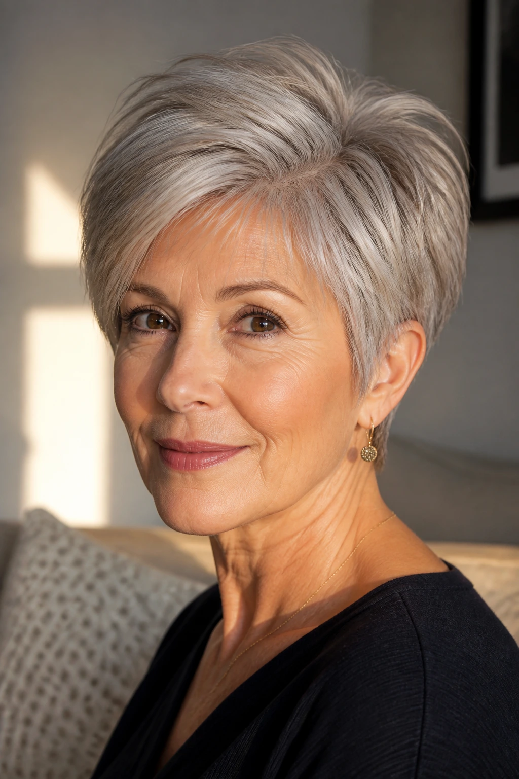 Close-up of an older woman with crown-lifted pixie bob