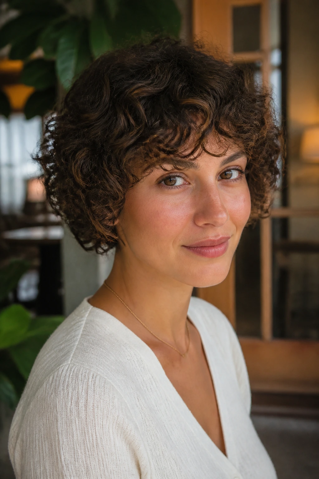 Head-and-shoulders portrait of real woman with pixie bob curls in warm daylight
