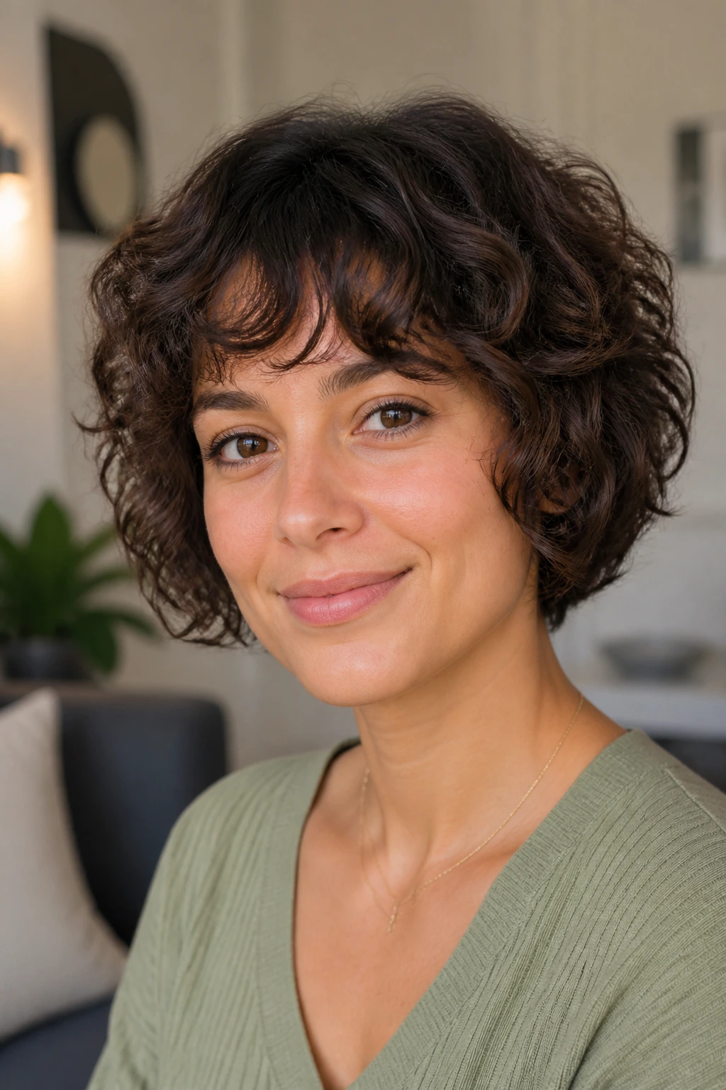 Real woman with curly pixie bob and soft bangs.