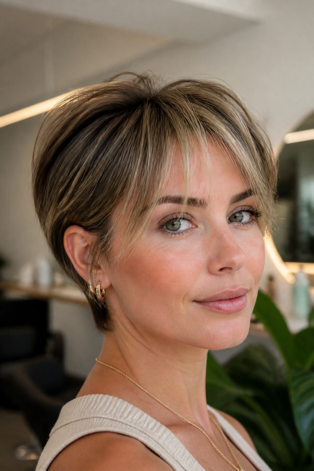 Portrait of layered pixie-bob with micro curtain bangs.