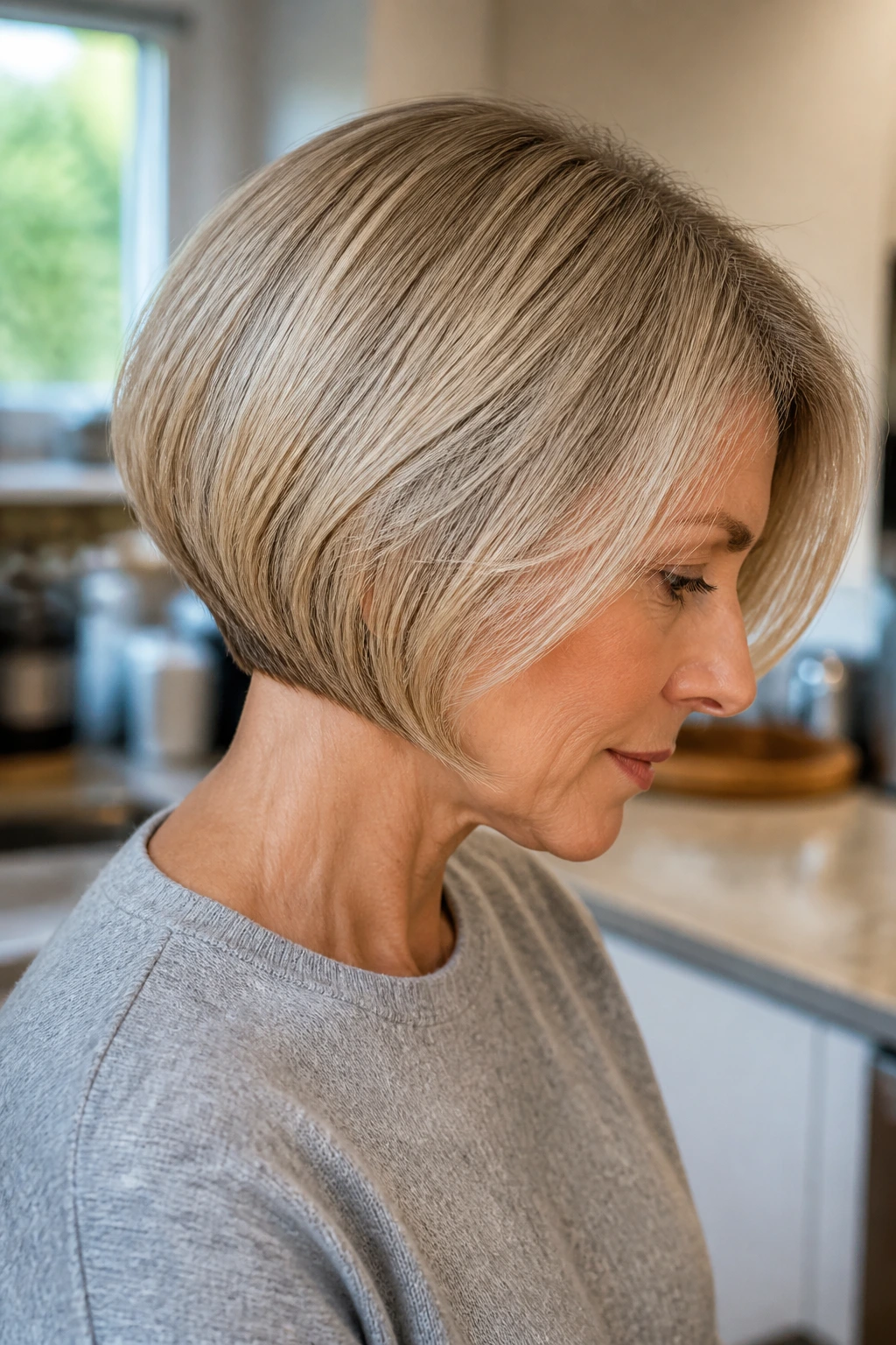 Close-up of real woman with curved-under pixie bob