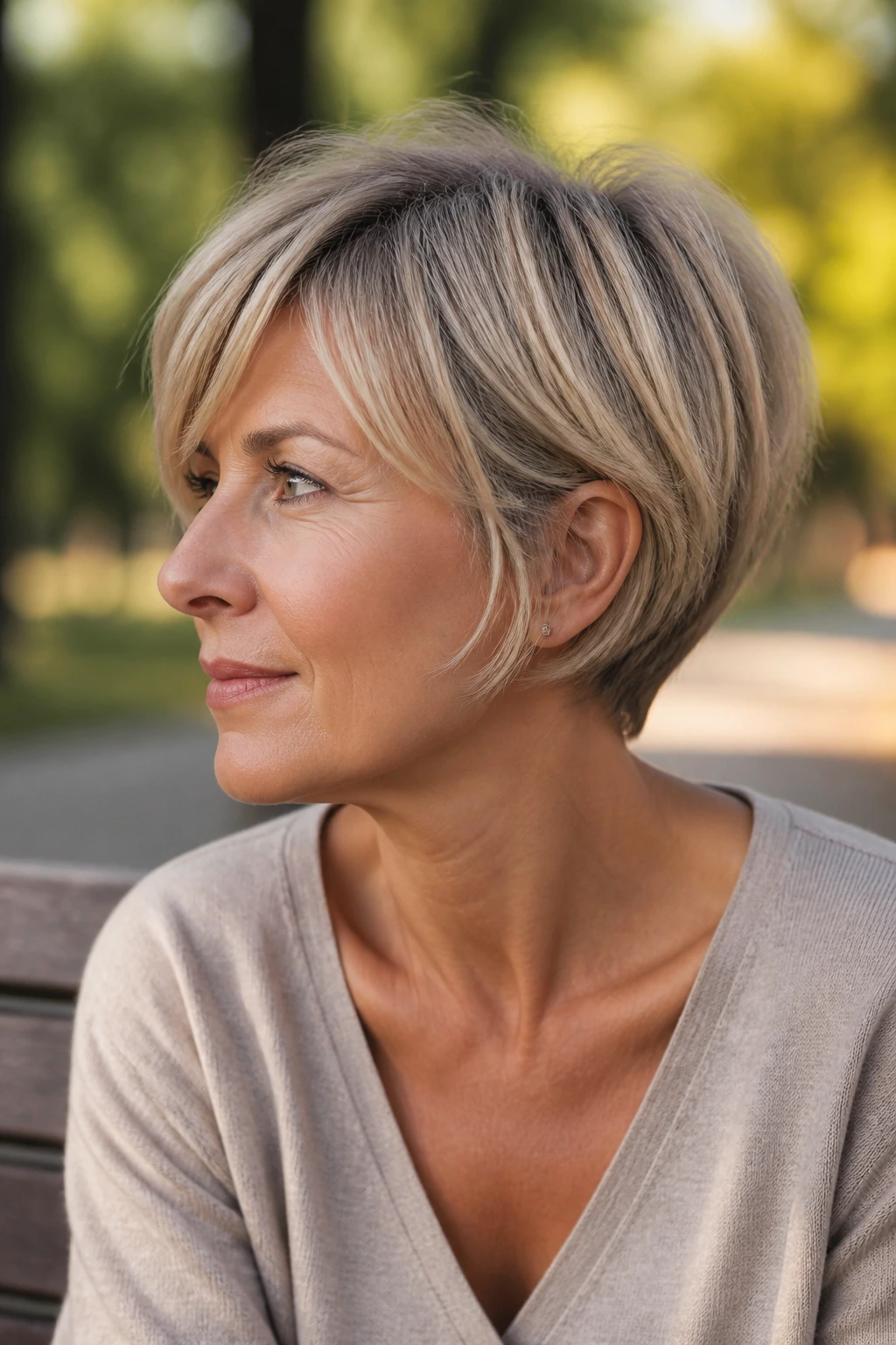 Portrait of real woman with ear-grazing layered pixie bob