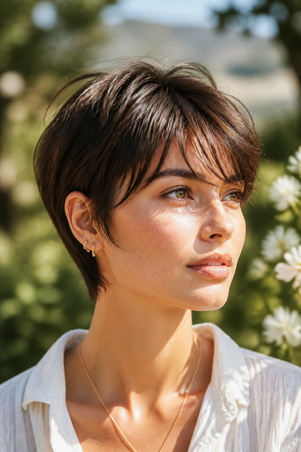 Close-up portrait of a real woman with a pixie bob and feathery fringe in a garden setting