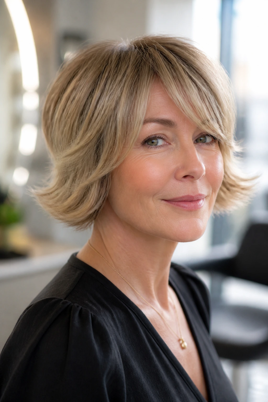 Portrait of a real woman with flippy ends pixie bob showing outward curl at tips