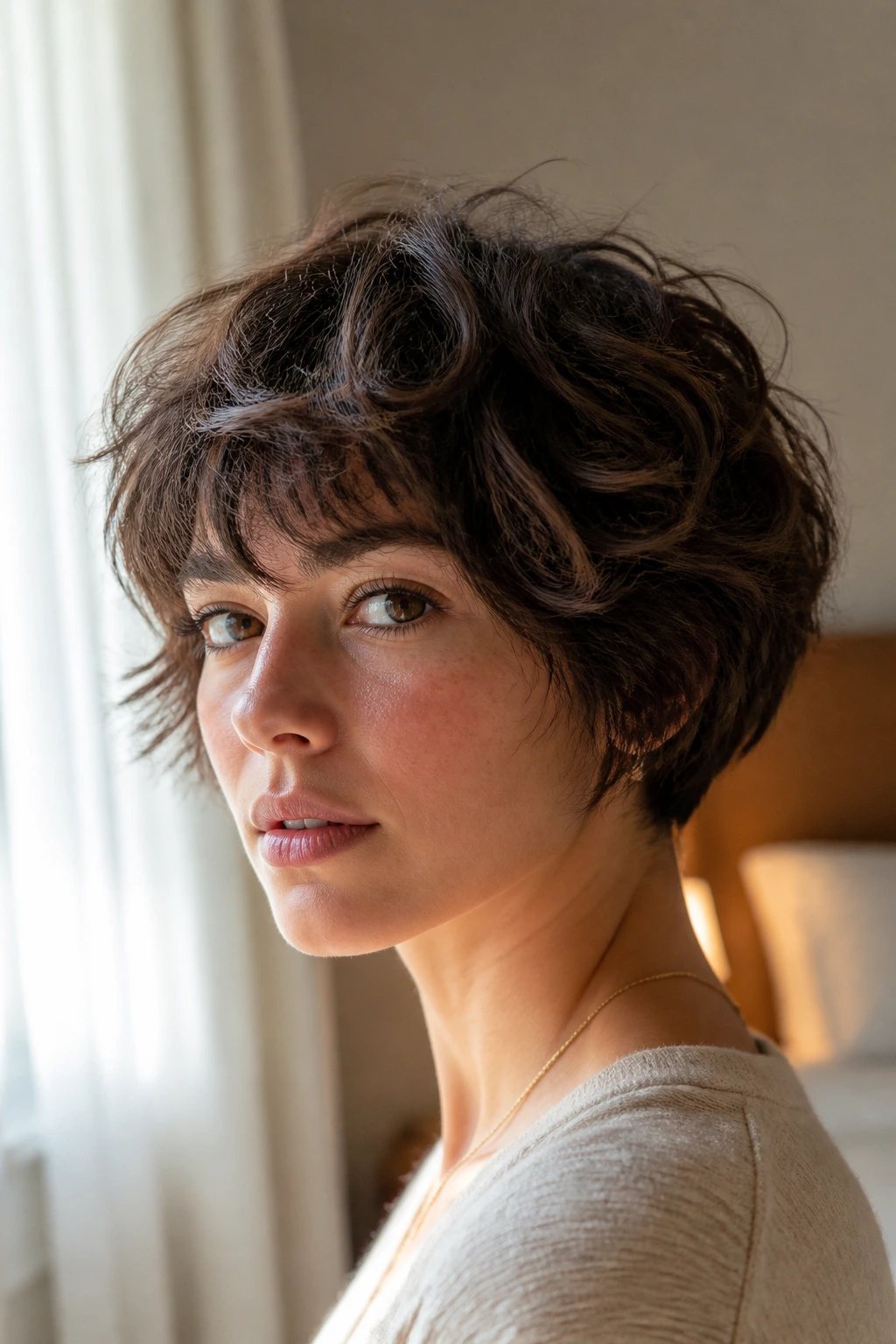 Close-up of a real woman with a pixie bob hairstyle in warm window light