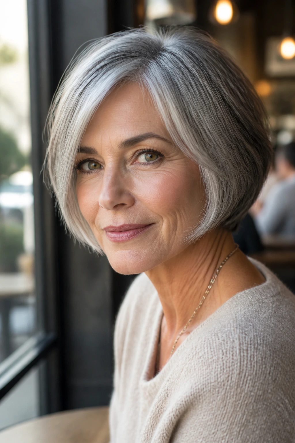 Close-up portrait of a real woman with chin-skimming pixie-bob and visible jawline in café light