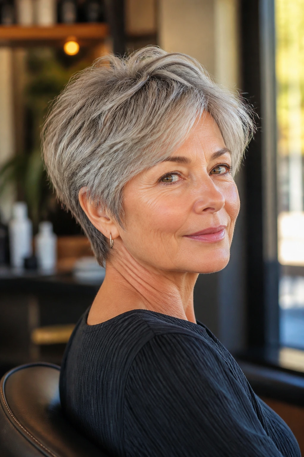 Close-up portrait of a real woman with a gray piecey pixie-bob hairstyle in a sunlit salon