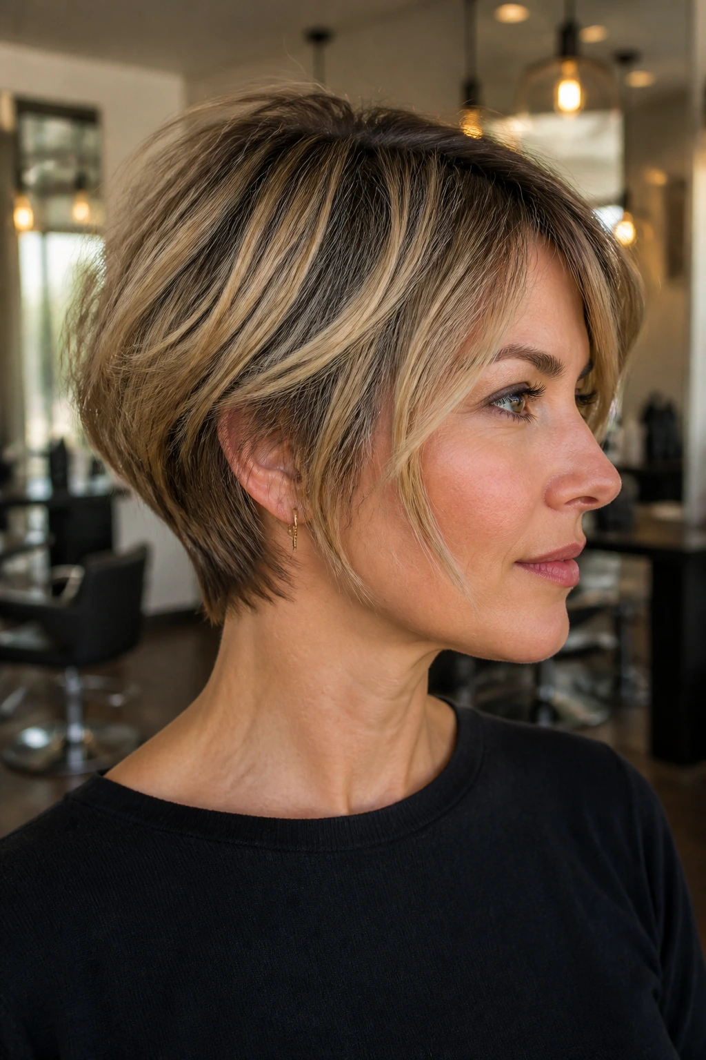 Close-up of a real woman with a grown-out pixie bob showing tapered neck and soft fringe