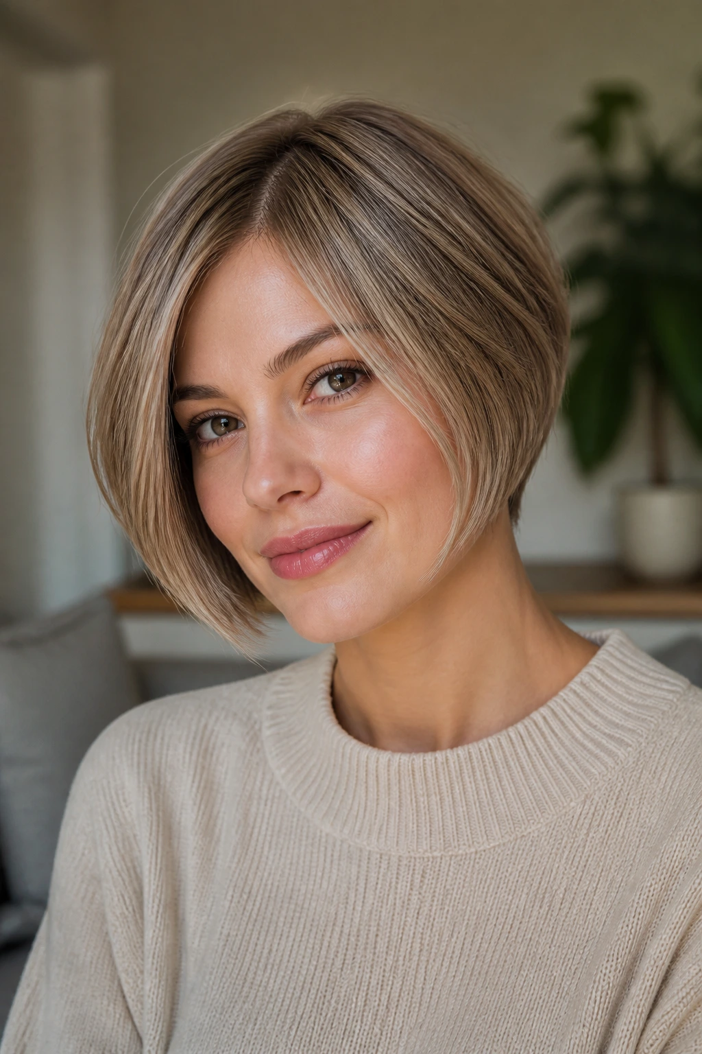 Close-up portrait of a real woman with a pixie bob highlighting cheek-skimming front and compact back.