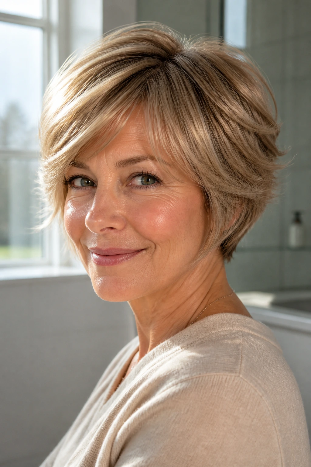 Real woman with feathered honey blonde pixie bob in bright bathroom.