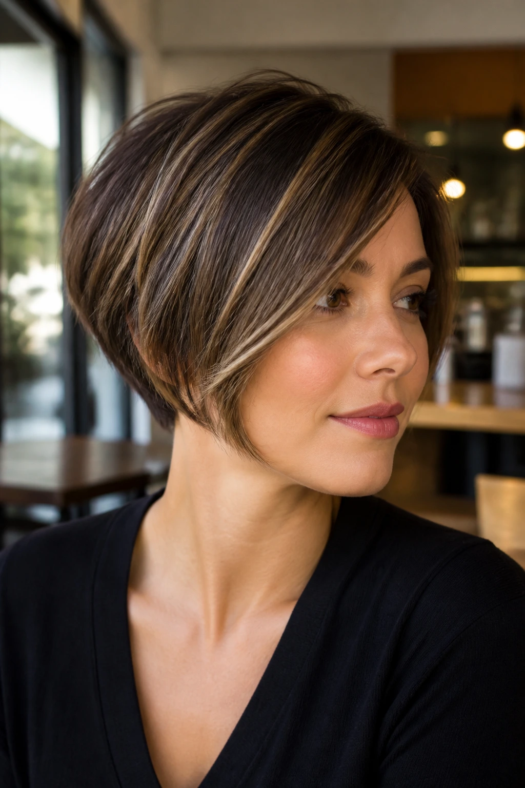 Close-up of a real woman with pixie bob hybrid hairstyle