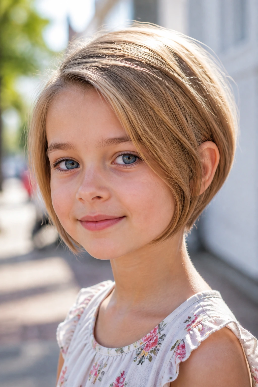 Portrait of a girl with pixie bob hybrid haircut, longer nape and softened edges.