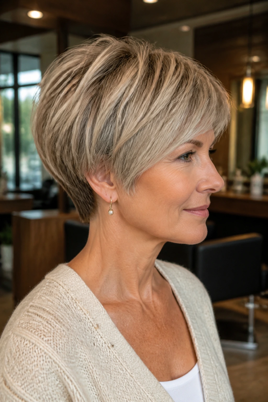Close-up portrait of a real woman with The Pixie Bob Hybrid hairstyle in a chic salon.