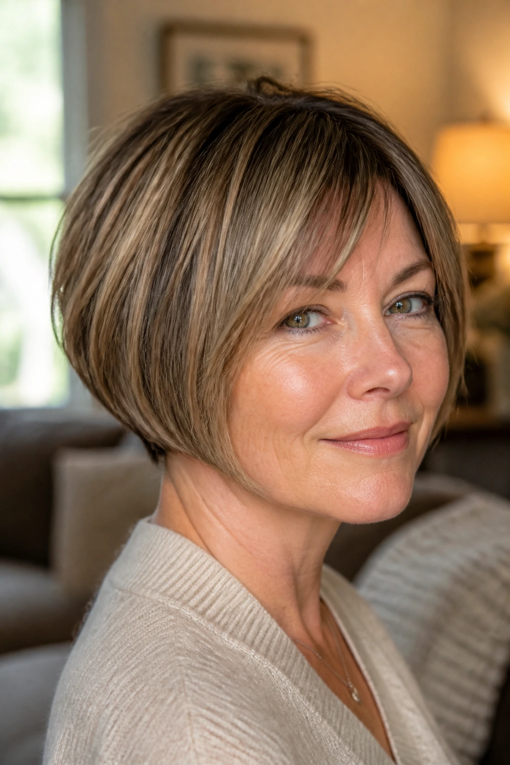 Close-up portrait of a real woman with Pixie Bob Hybrid hairstyle in a cozy living room