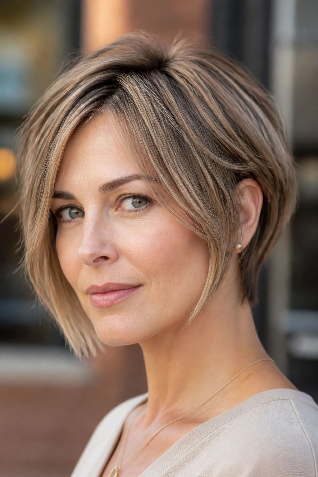Close-up of a real woman with a pixie bob hybrid hairstyle