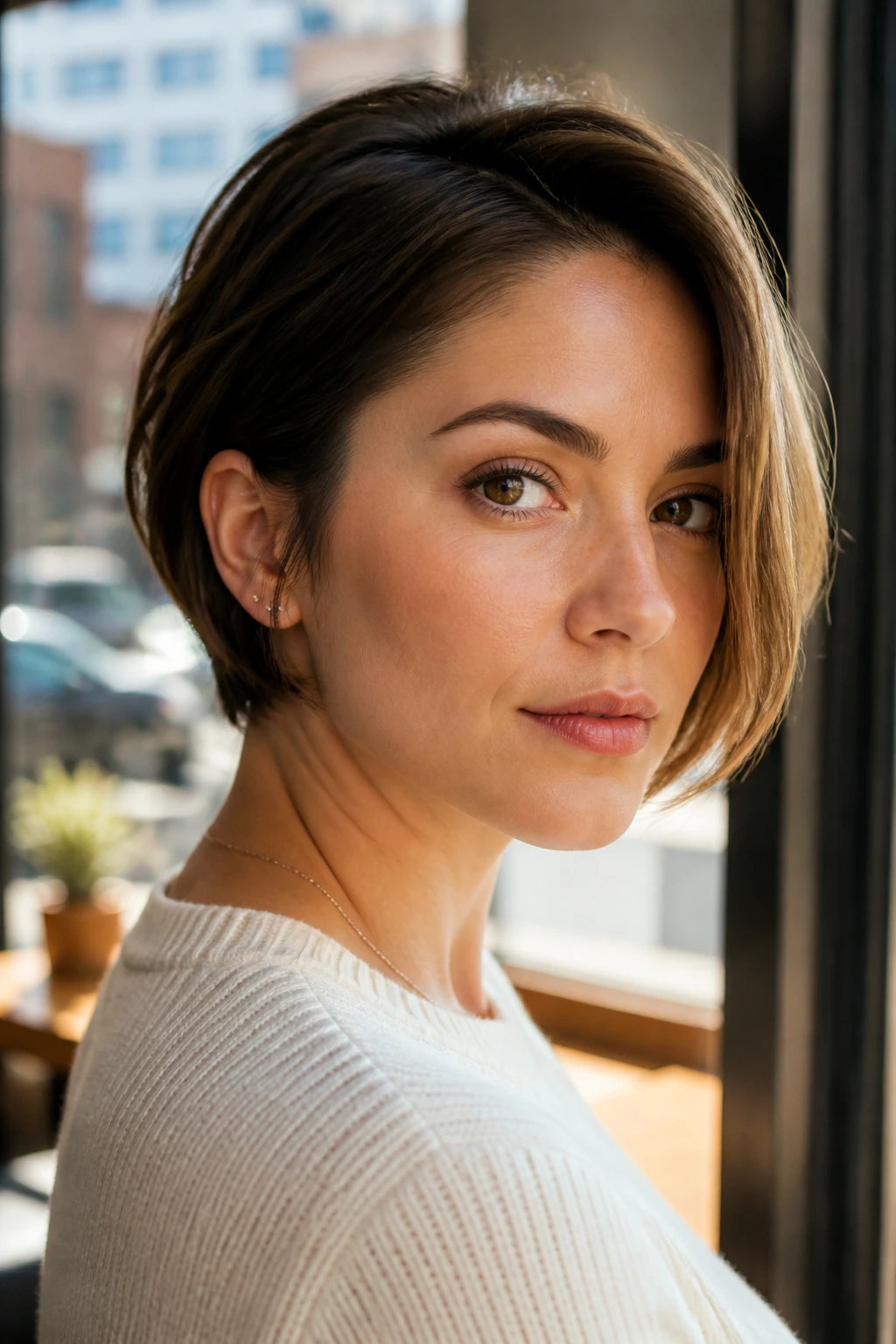 Close-up of a real woman with a pixie-bob hybrid hairstyle in natural daylight