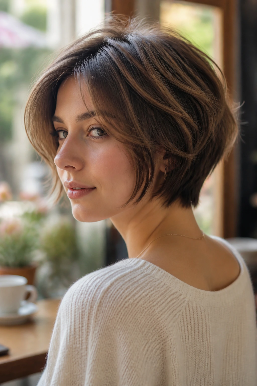 Portrait of a woman with pixie bob hybrid hairstyle in a cozy cafe