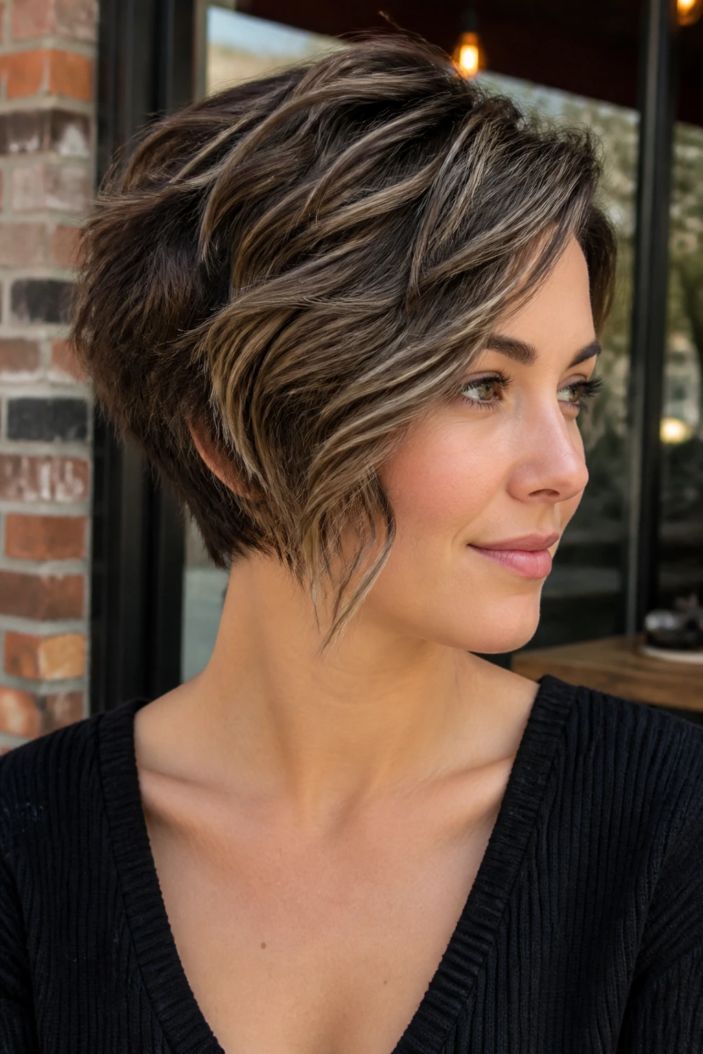 Portrait of a real woman wearing a pixie bob hybrid with waves and movement