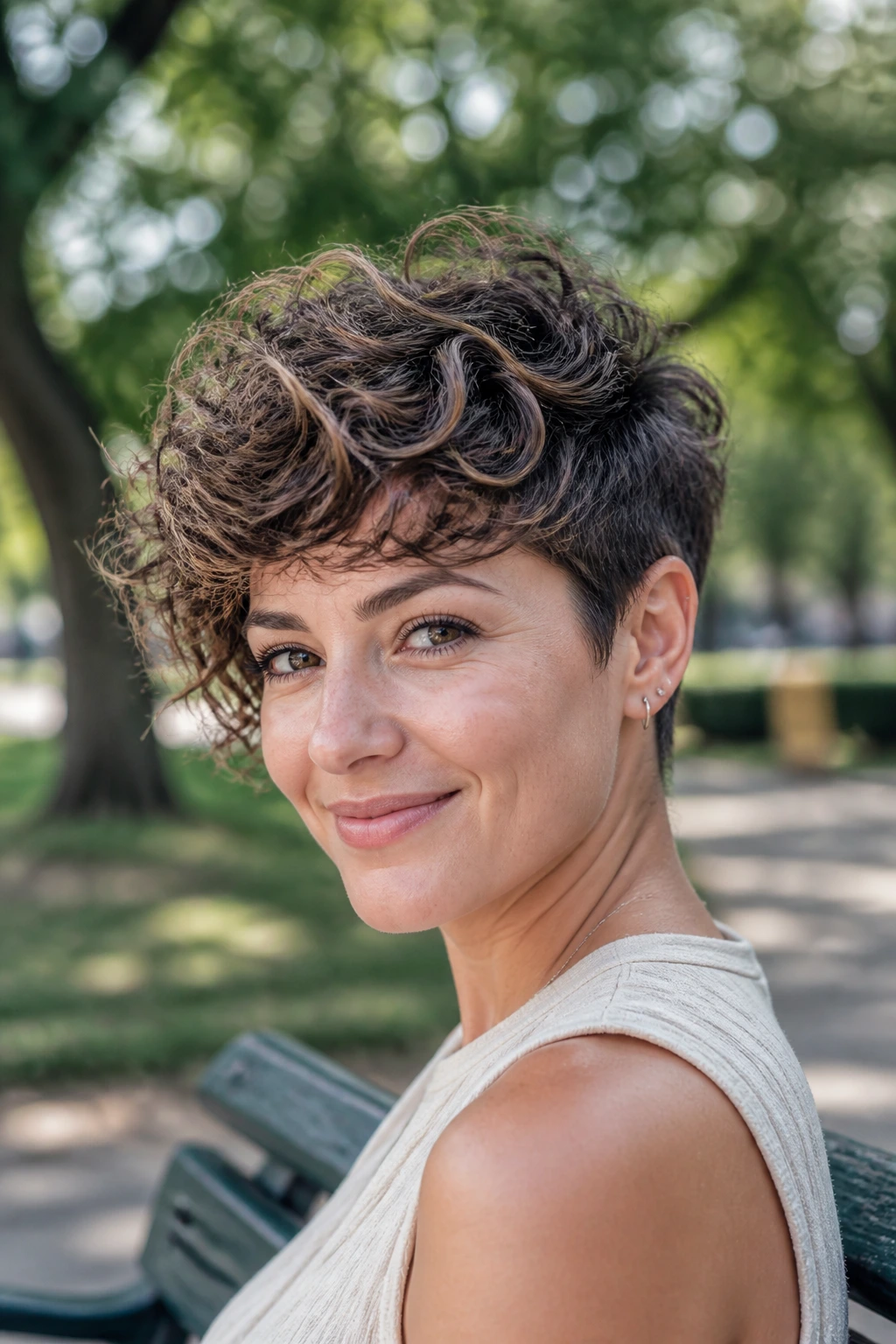 Portrait of woman with pixie-bob hybrid hairstyle in park light