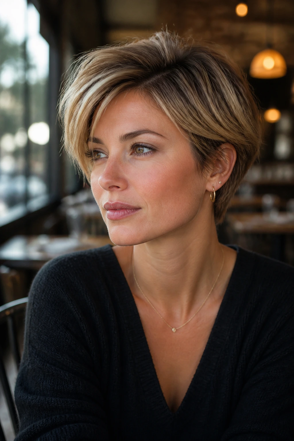 Close-up of a real woman with pixie-bob hybrid hairstyle in cafe light