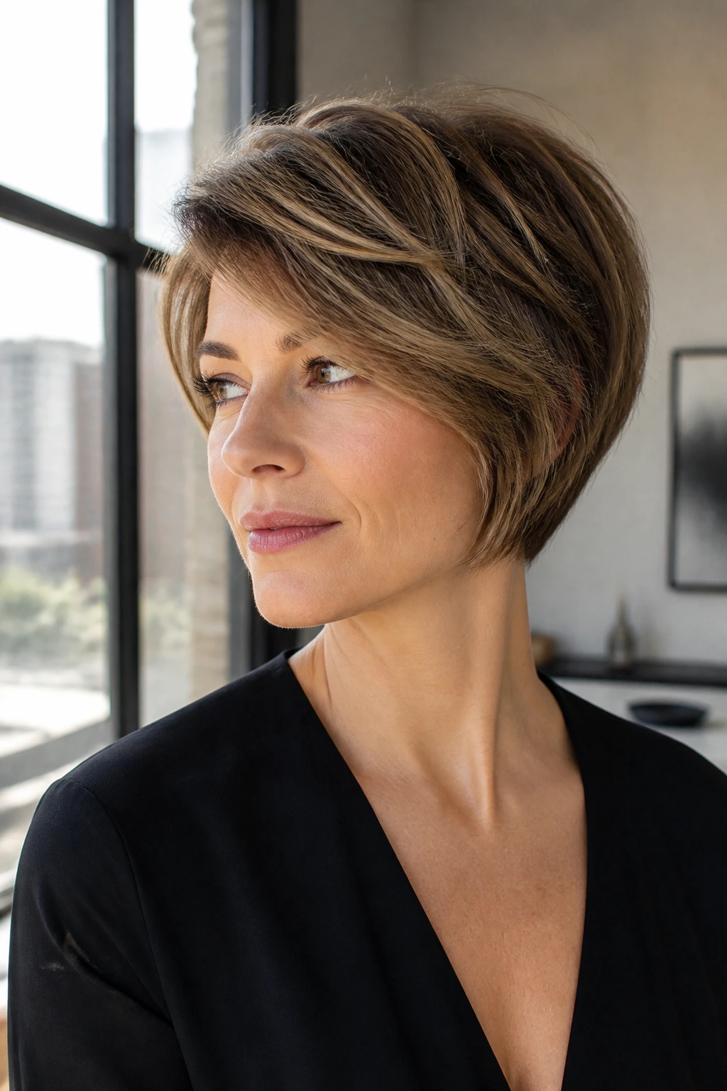 Medium close-up of a real woman with pixie-bob hybrid haircut in soft daylight