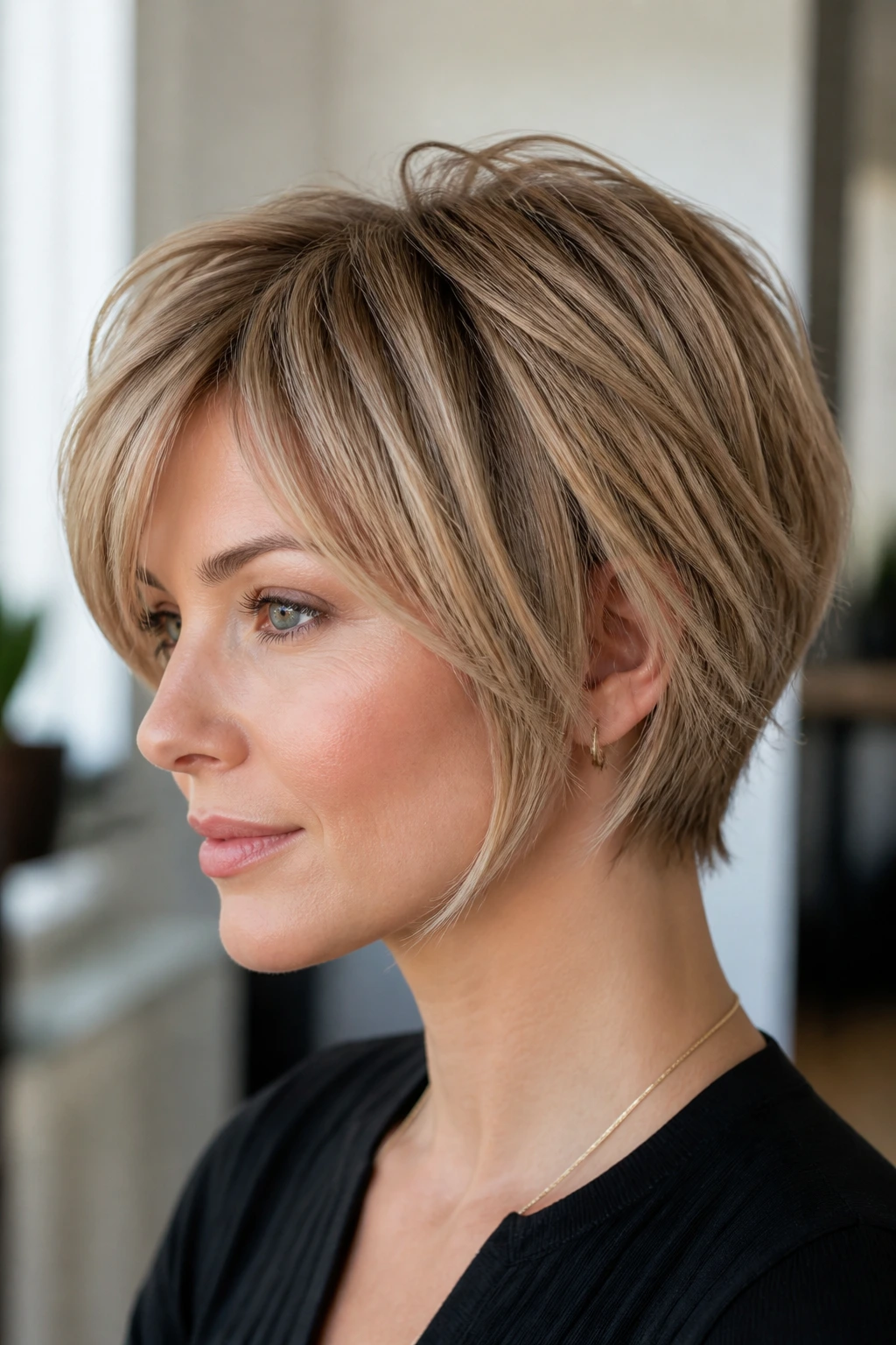 Close-up portrait of a real woman with pixie bob hybrid hairstyle in soft interior lighting
