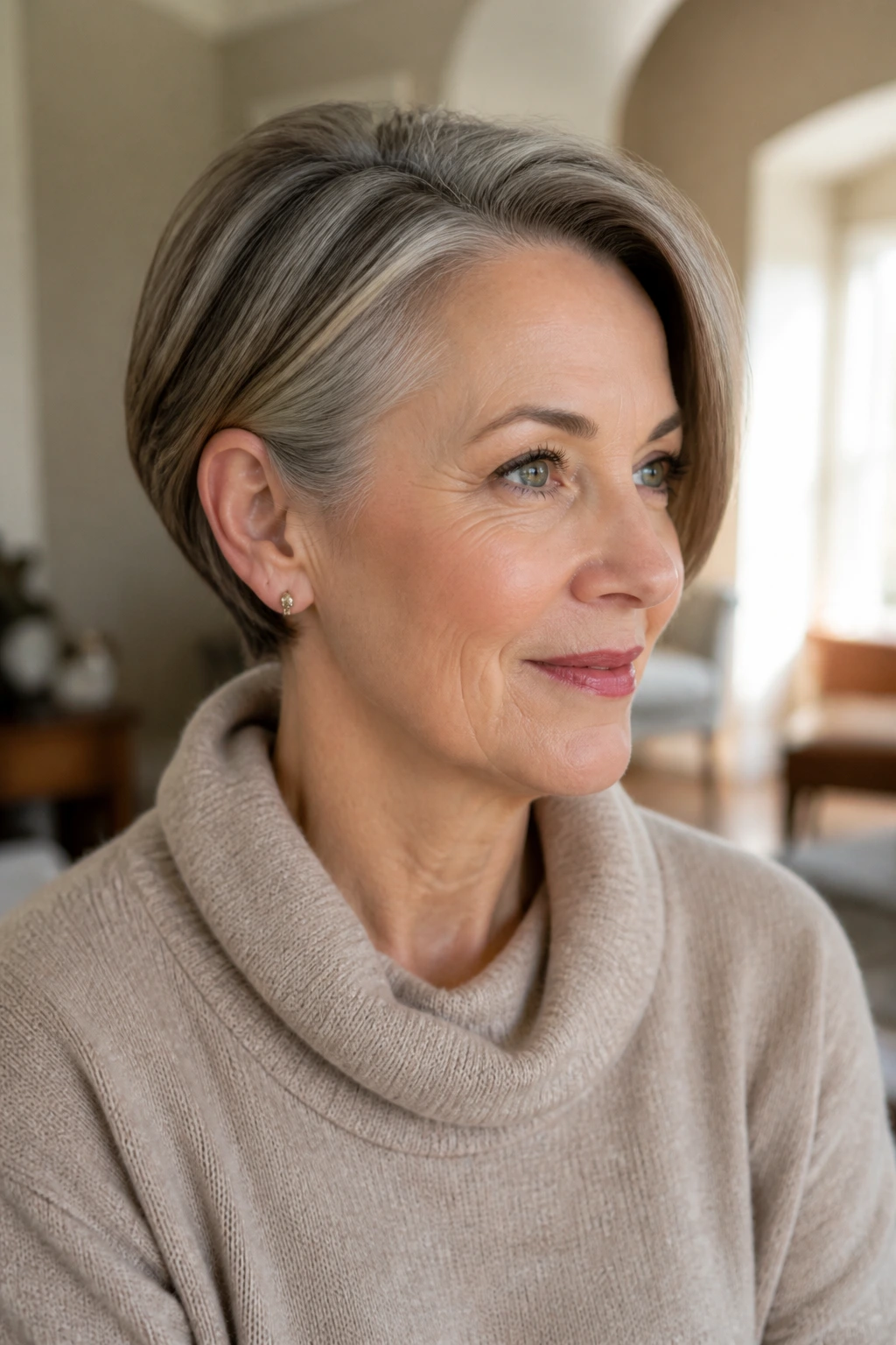 Older woman with pixie bob hybrid hairstyle by window light