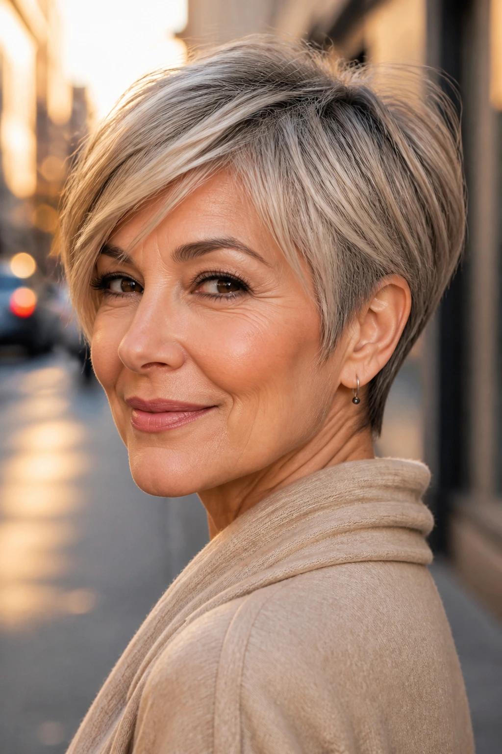 Portrait of a real woman with pixie bob hybrid hairstyle featuring longer front and shorter back