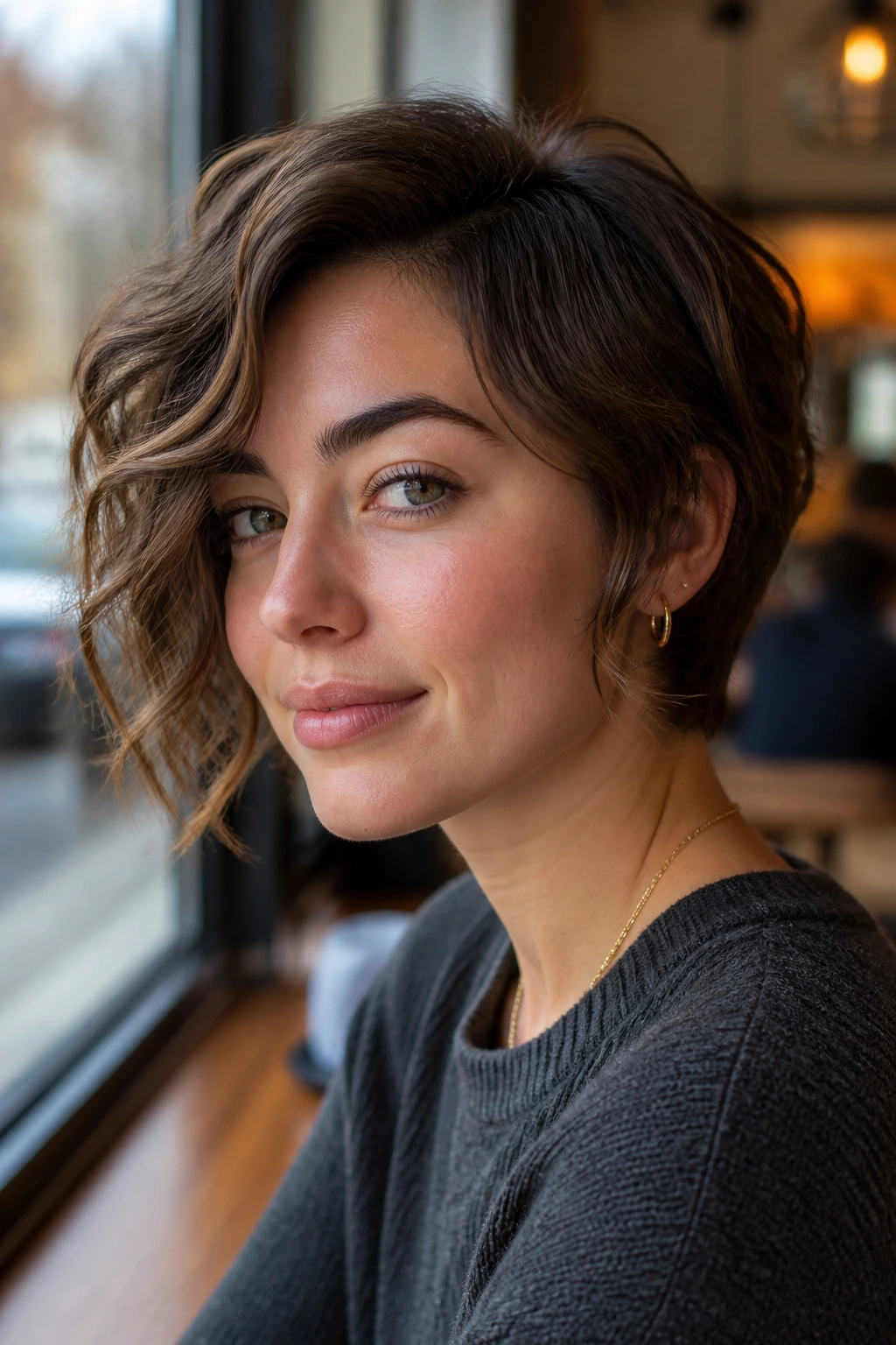 Close-up of a real person with Pixie Bob Hybrid hairstyle in a cafe setting
