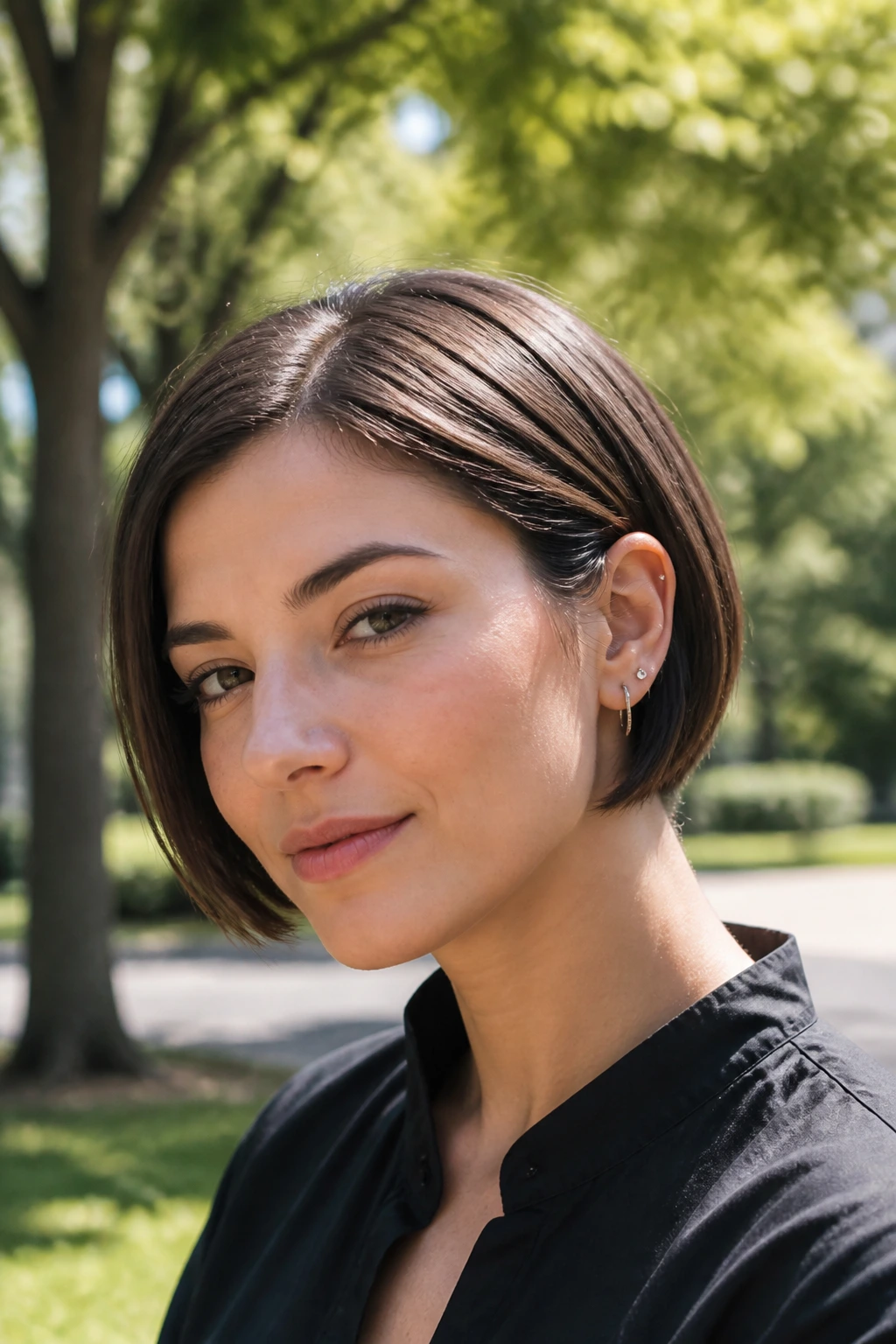 Portrait of a woman with a jaw-skimming pixie bob outdoors.