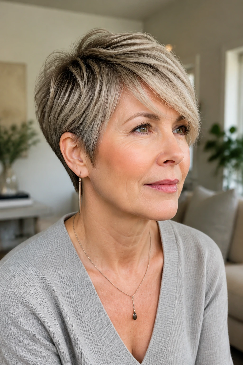 Medium close-up of woman with layered pixie-bob hybrid hairstyle
