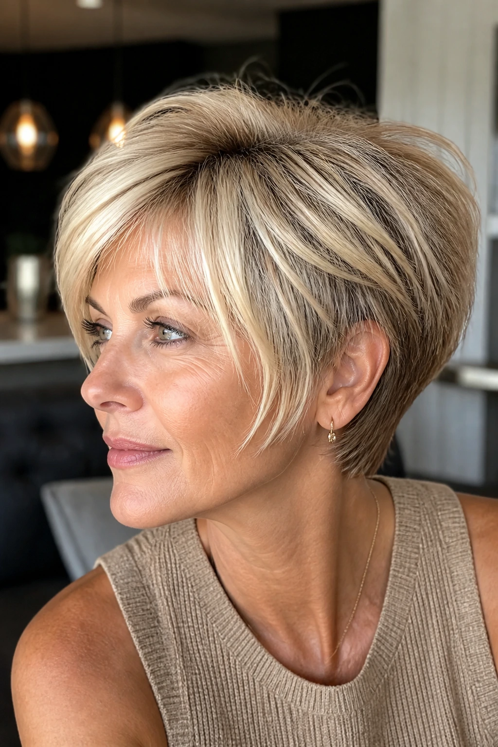 Close-up of a real person with layered pixie bob and bright crown in natural light