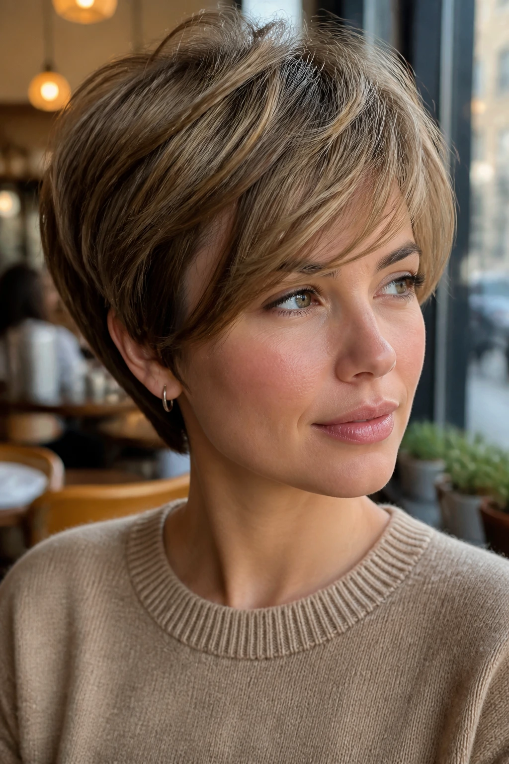 Close-up of a real woman with layered pixie bob and side bangs in a sunlit cafe setting.