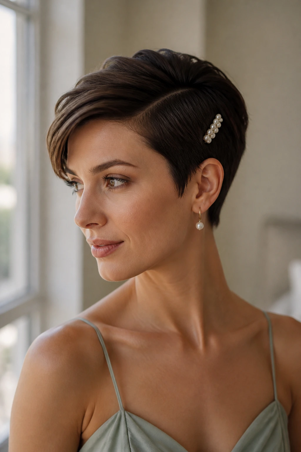 Portrait of a real woman with a pixie hairstyle and side part
